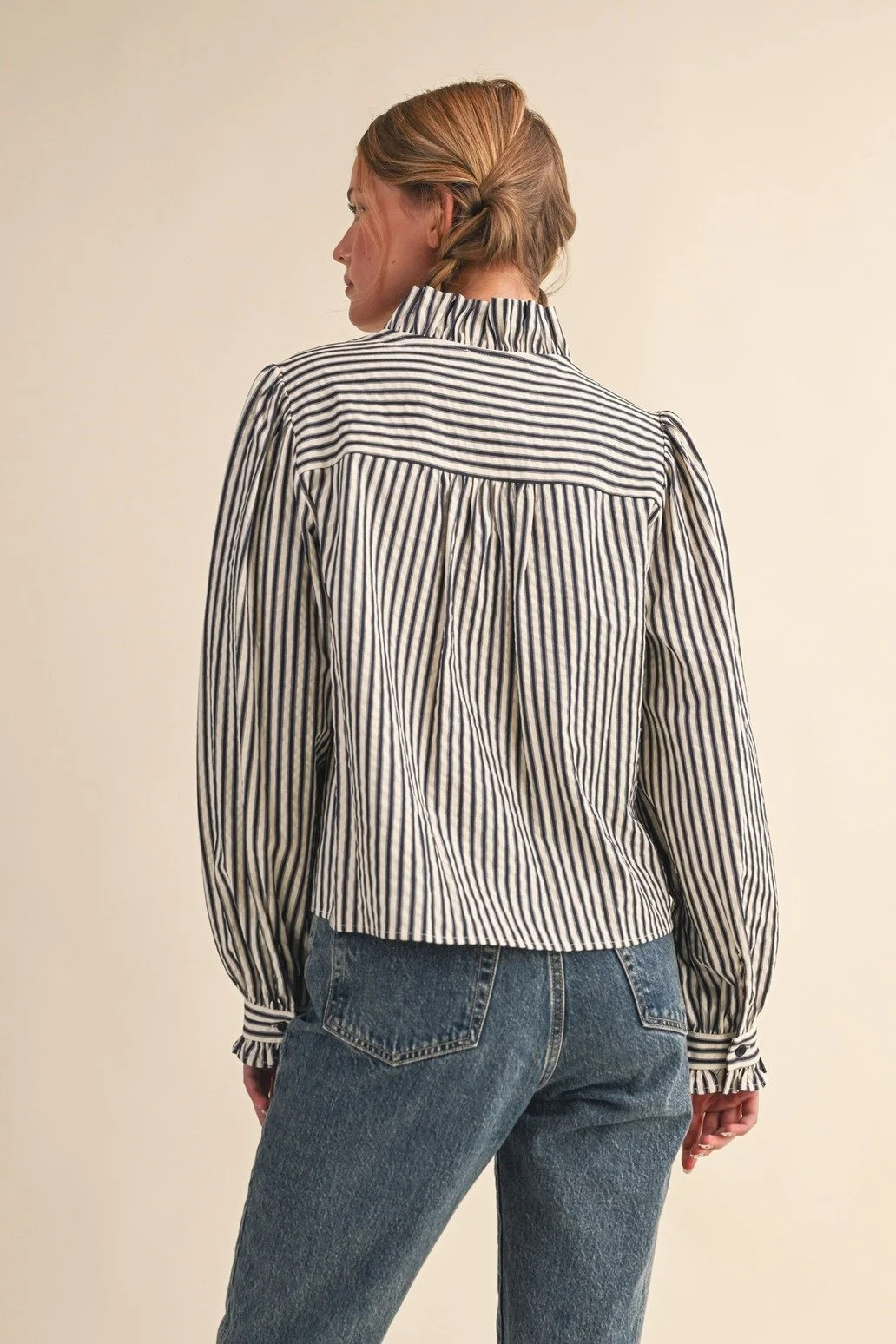 Ruffle Collar Button Front Blouse Black Ticking Stripe