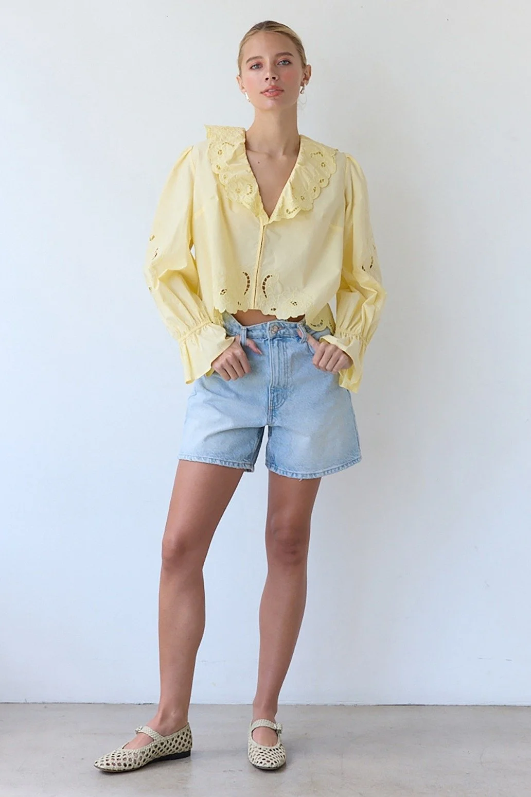 Embroidered Ruffle Collar Blouse Yellow