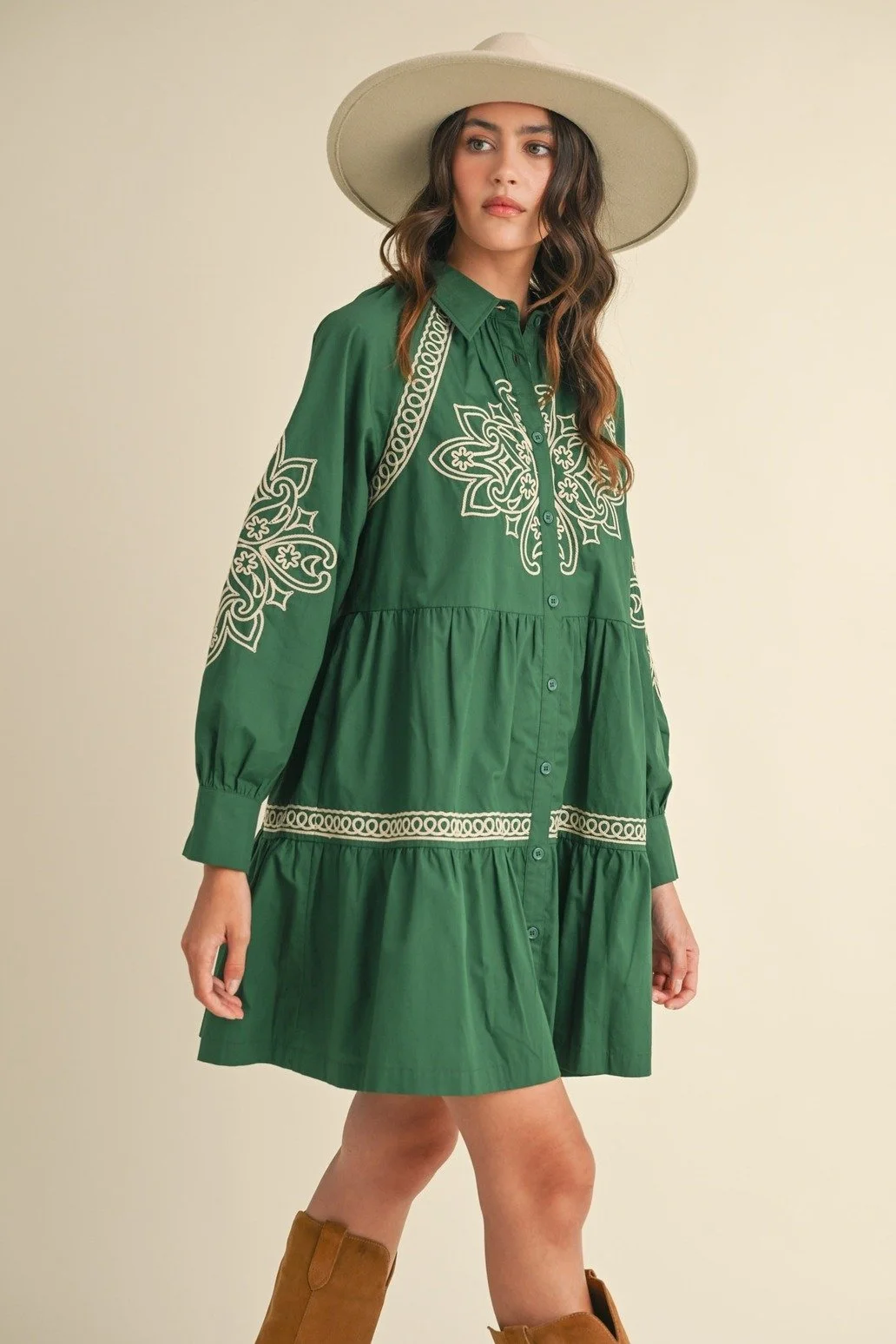 Embroidered Button Down Mini Dress Kelly Green