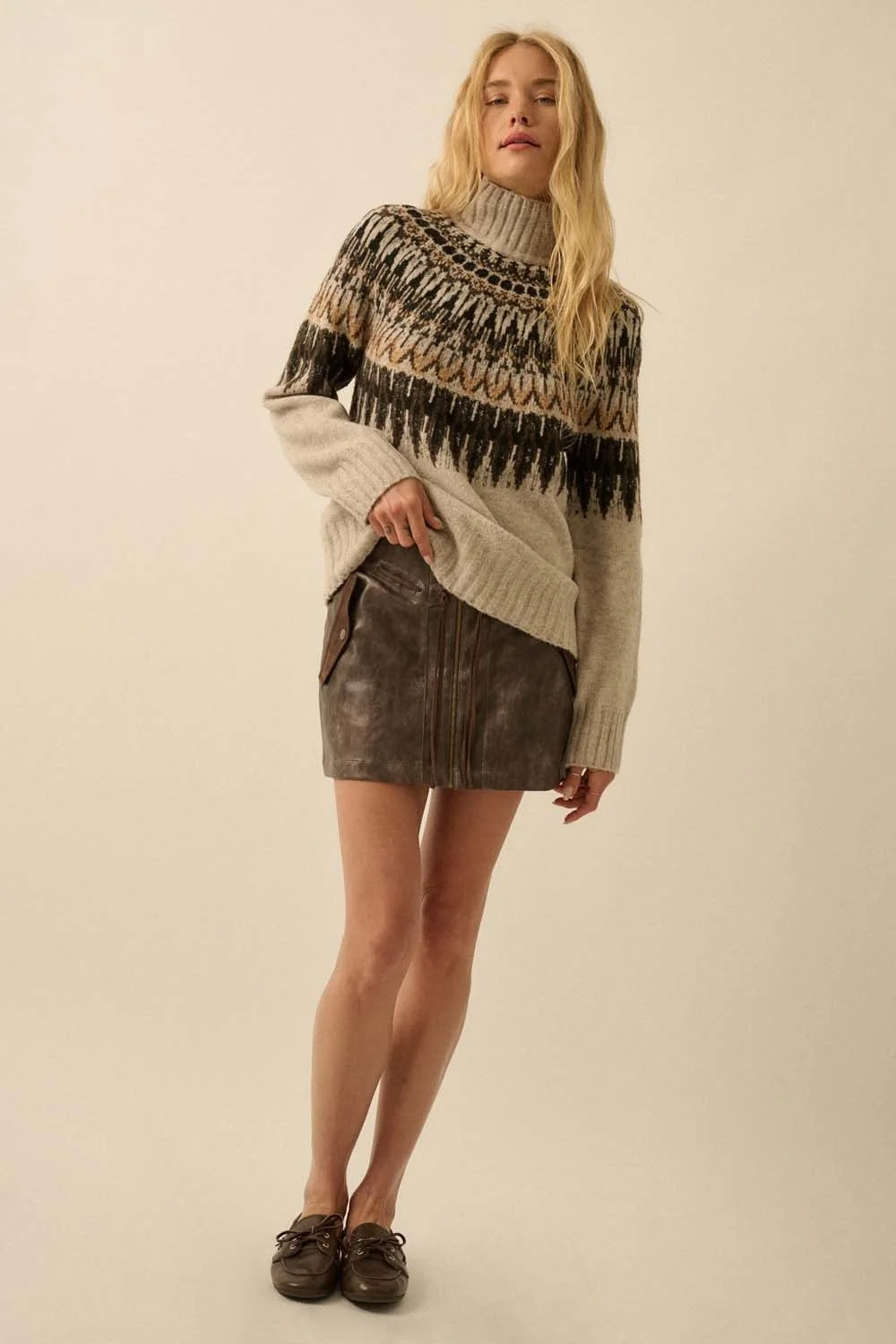 Mock Neck Fair Isle Knit Sweater Oatmeal