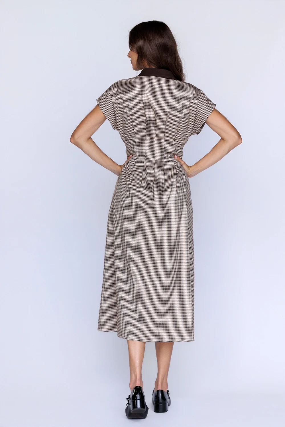 Pinch Pleat Collared Button Down Midi Dress Houndstooth