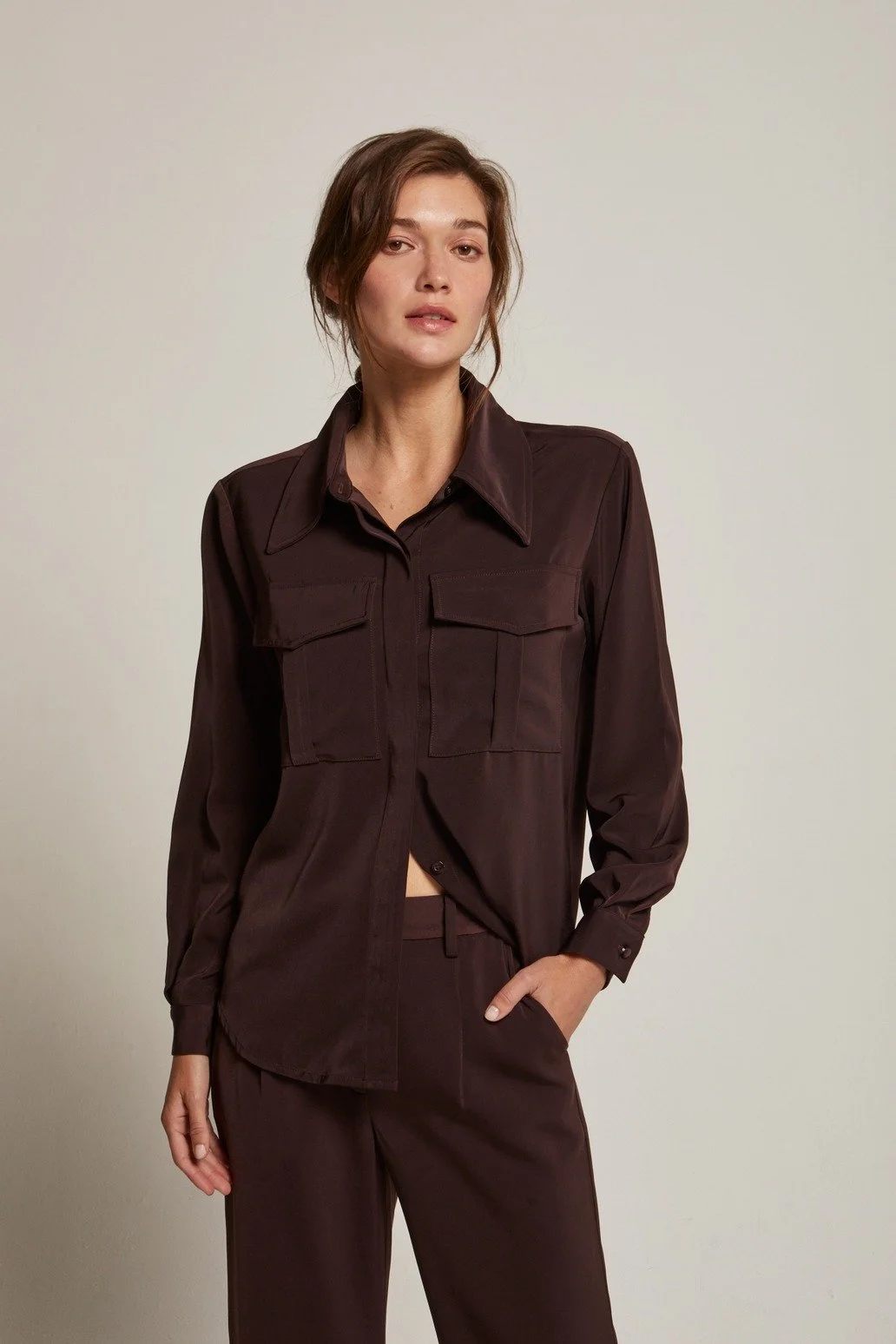 Neveah Cargo Pocket Button Blouse Merlot