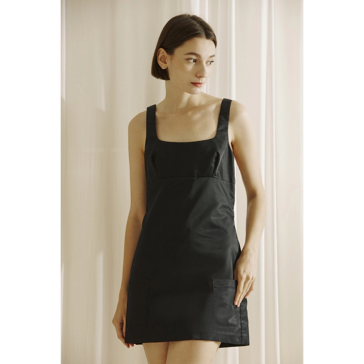 Pocket Mini Shift Dress Black Taffeta