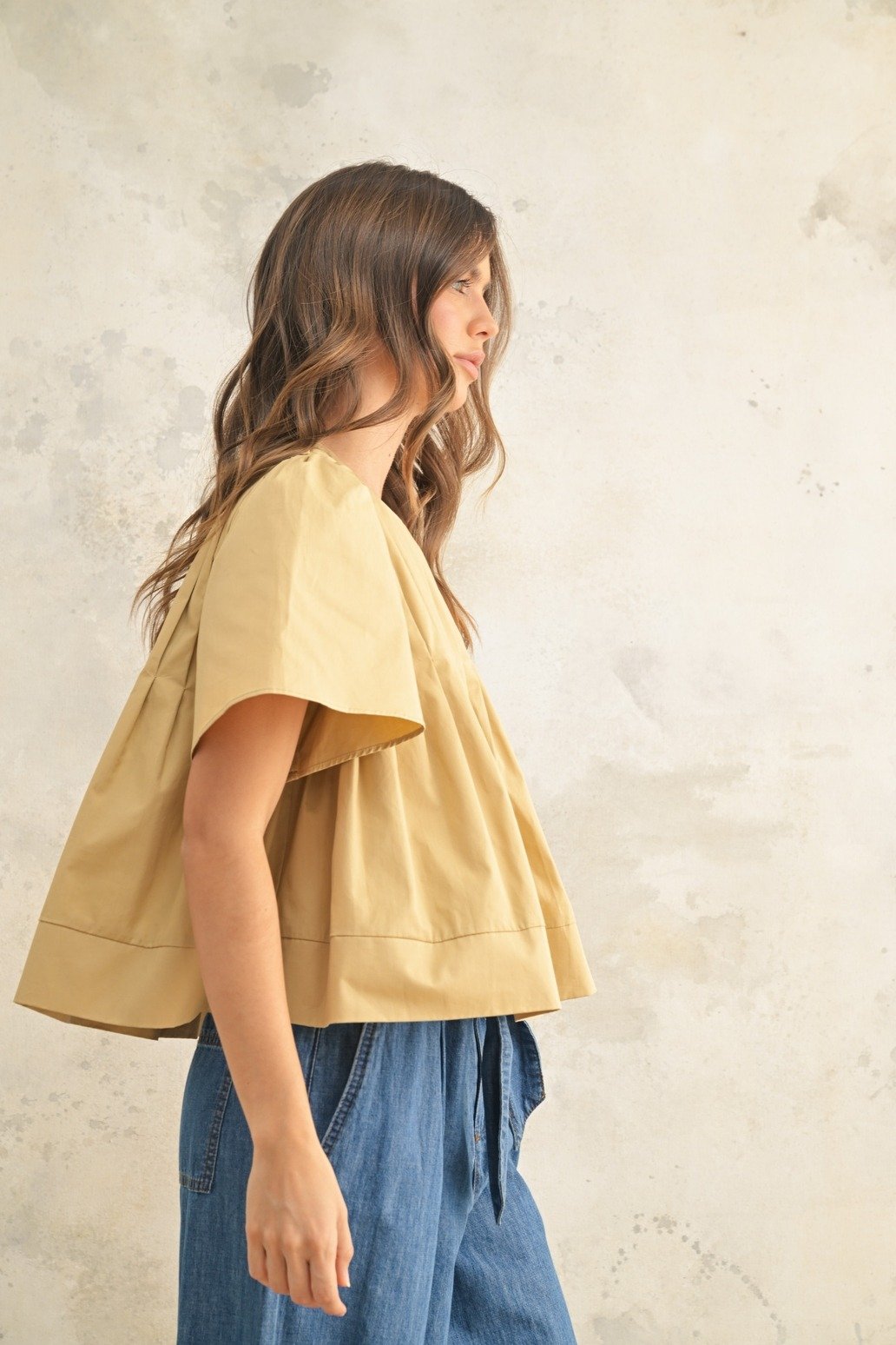 Pleated Front Short Sleeve Blouse Tan