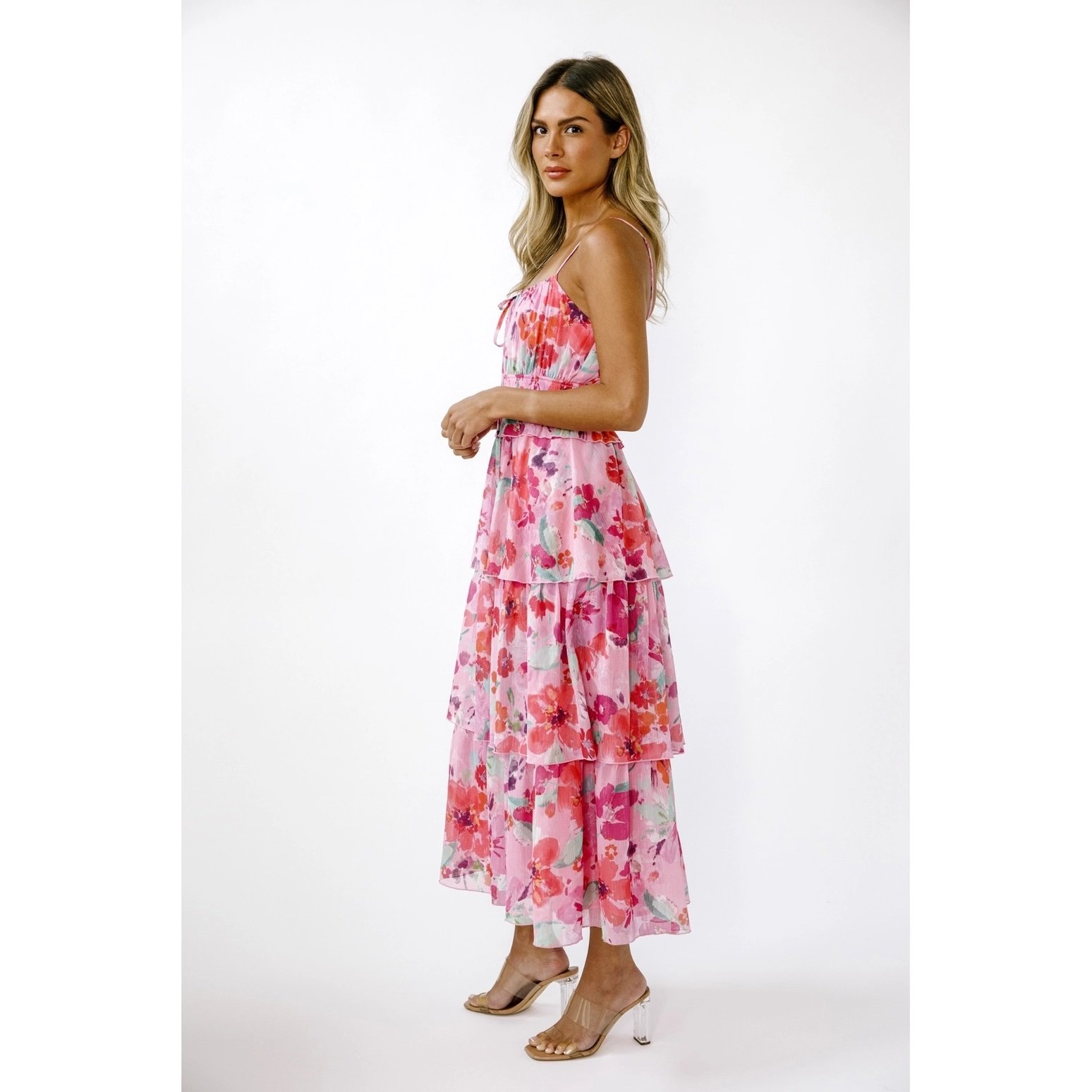Ruffle Layered Midi Dress Pink Floral