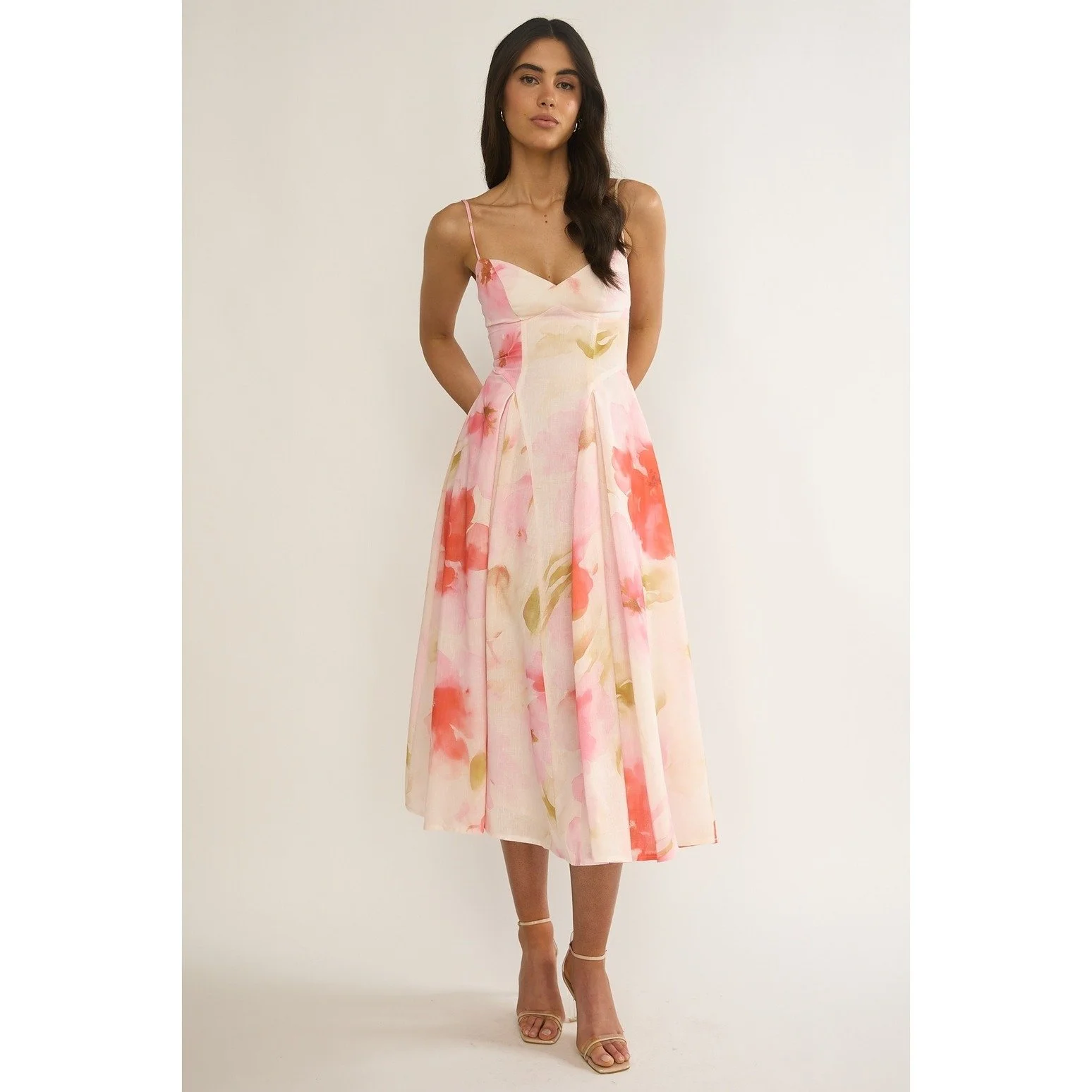 Sweetheart Basque Waist Midi Dress Peach Floral