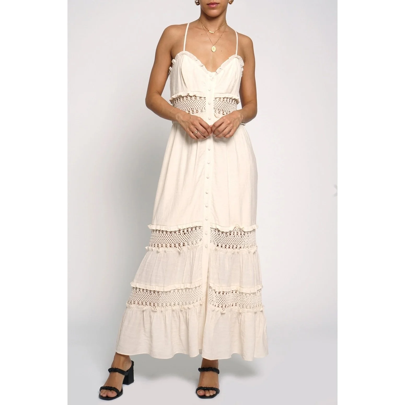 Button Front Lace Maxi Dress Cream  Byron & Barclay