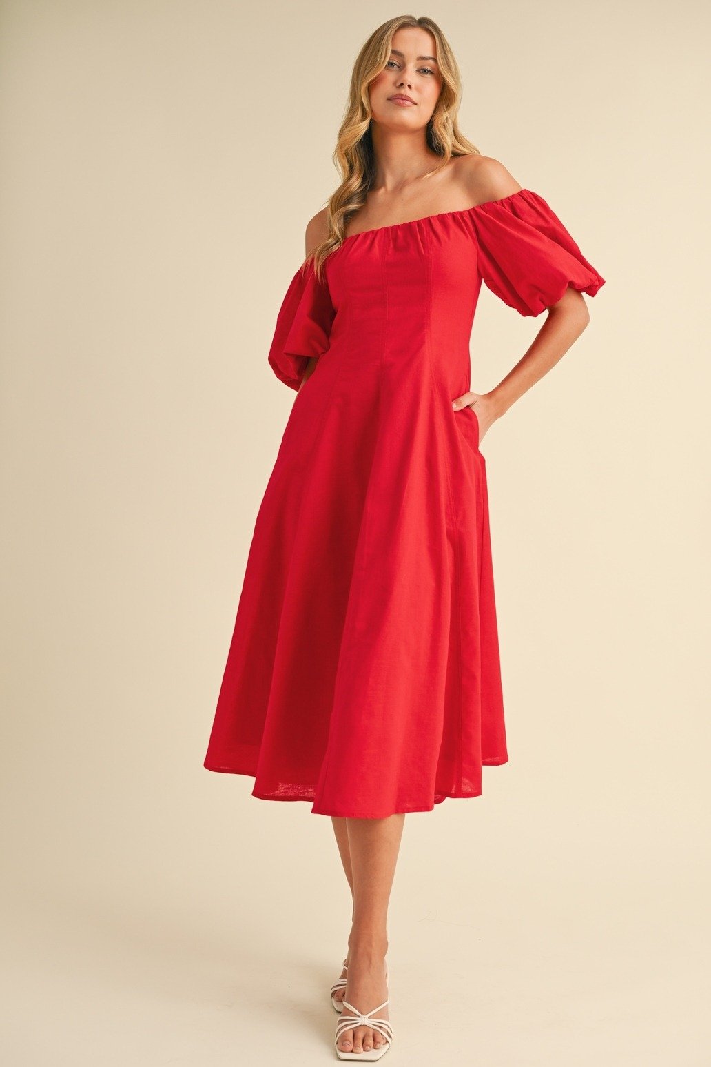 Puff Sleeve Off-Shoulder A-line Midi Dress Red