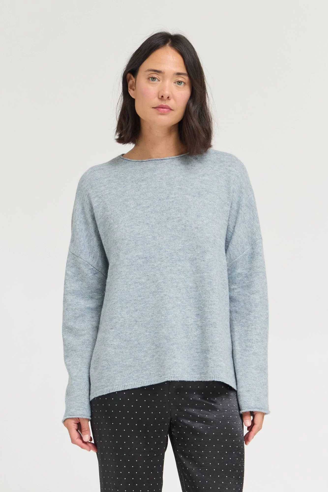 Back Button Boatneck Sweater Top Blue Grey