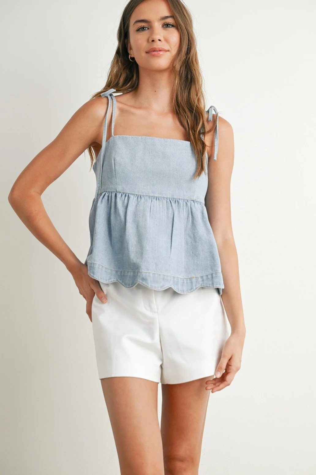 Scalloped Tie Strap Babydoll Top Denim