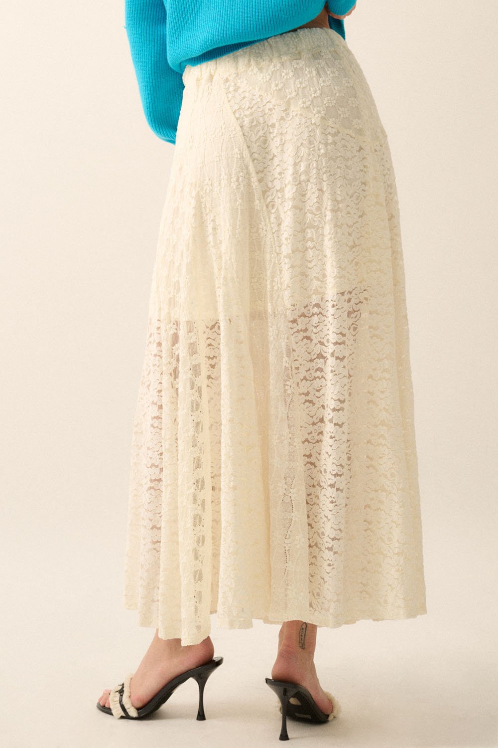 Floral Lace Panel Maxi Skirt Cream
