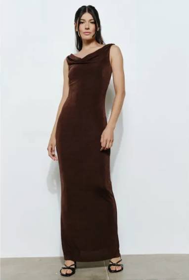 Mesh Knit Column Dress Dark Brown