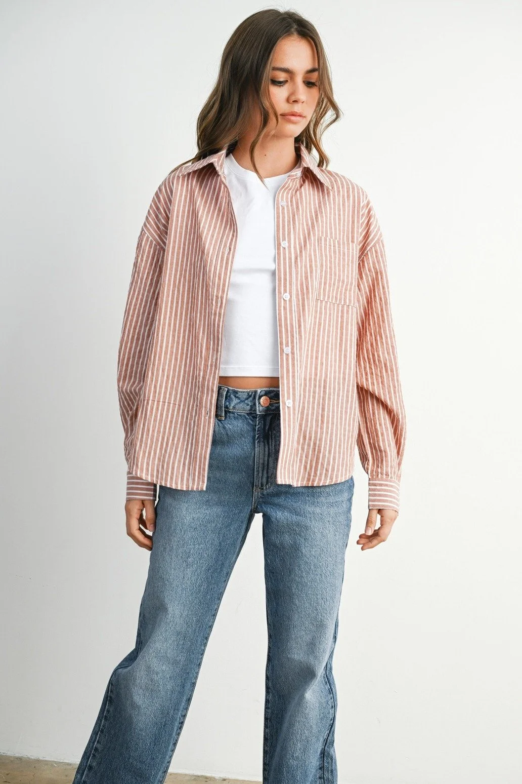 Collared Button Up Top Brick Stripe