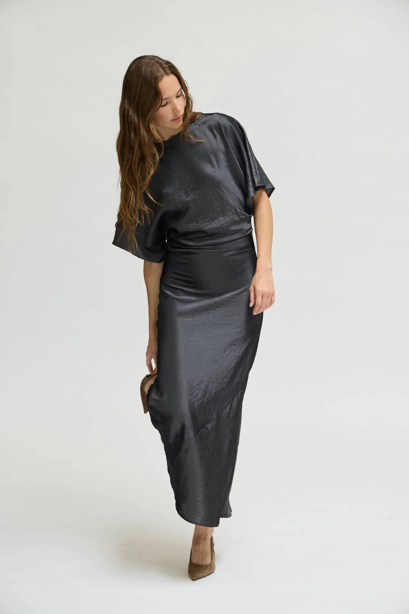 Ruched Waist Satin Midi Dress Granite