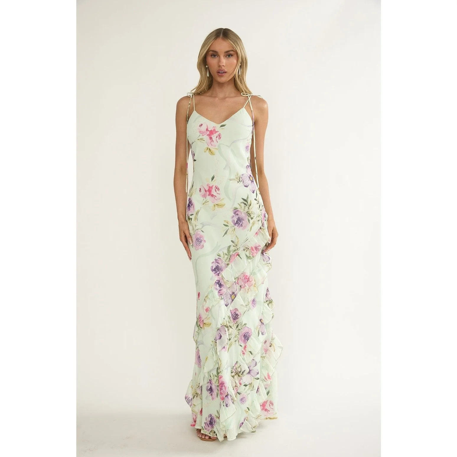 Tiered V-neck Maxi Dress Mint Floral