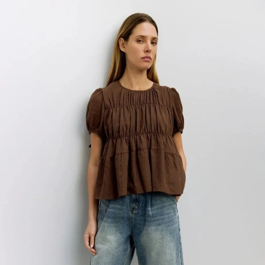 The Penelope Tiered Woven Top Brown