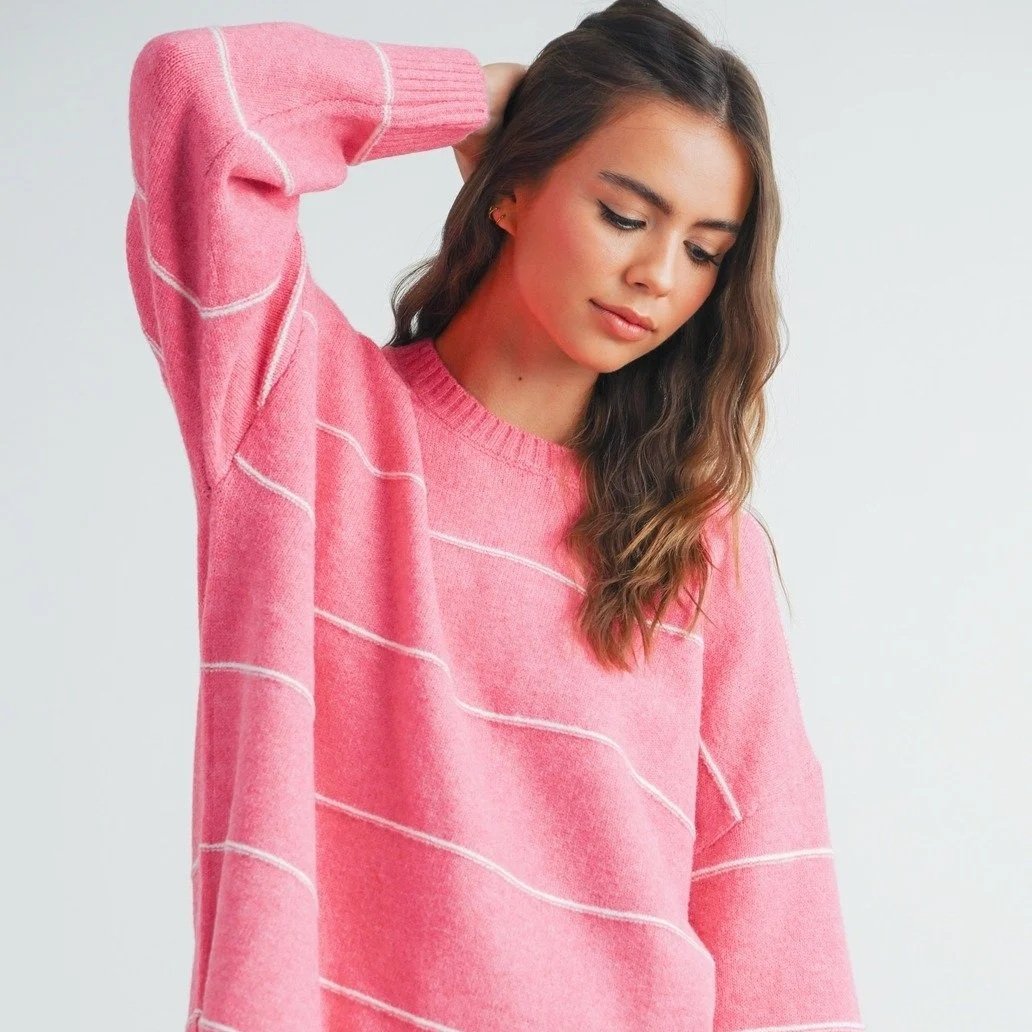 Relaxed Drop Shoulder Sweater Pink Stripe