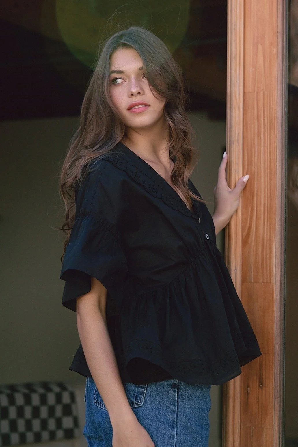 Eyelet Trim Ruffle Collar Blouse Black