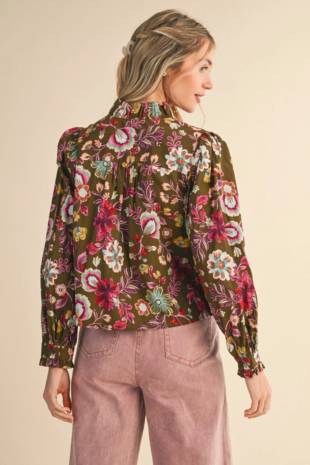 Ruffle Collar Button Blouse Olive Floral