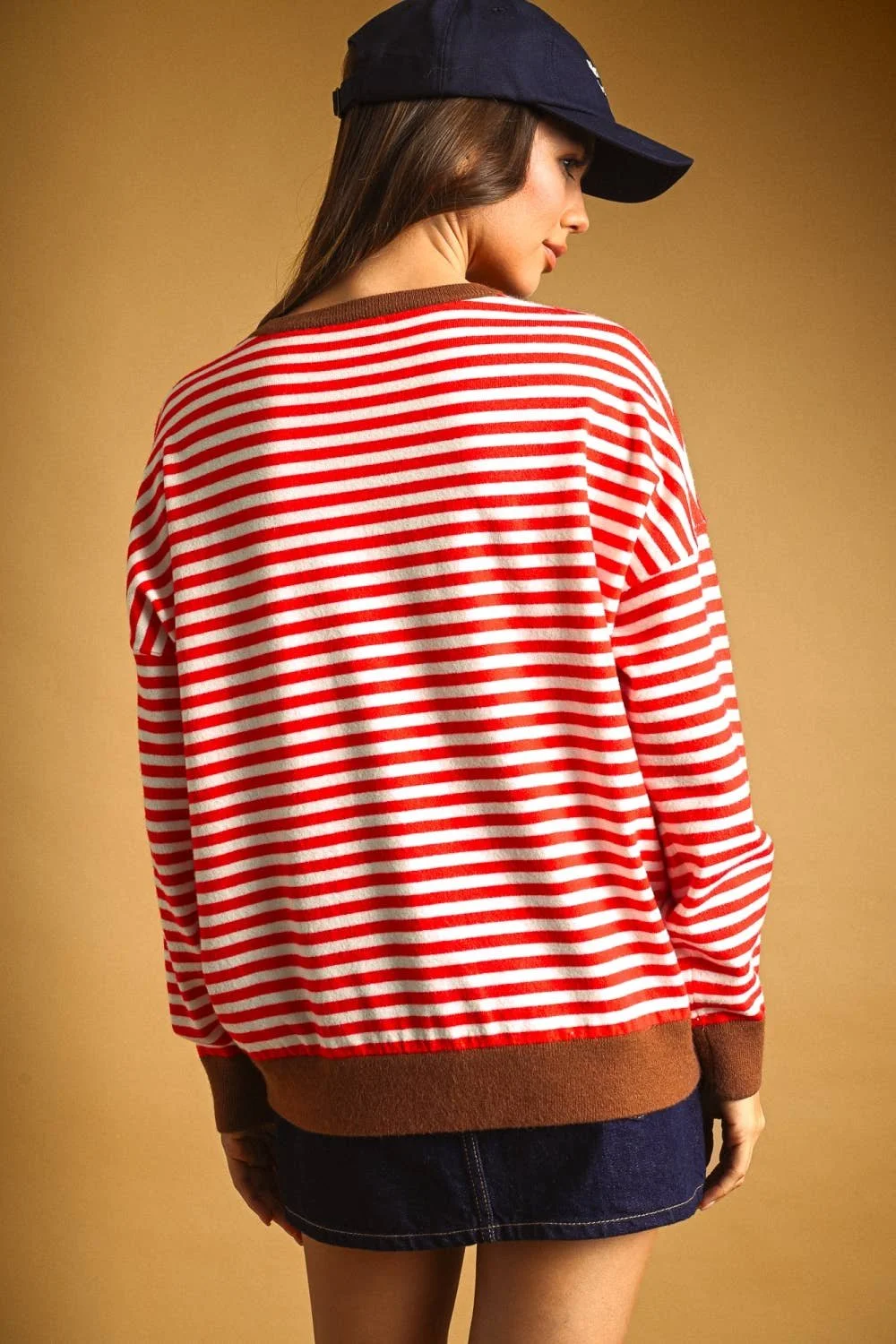 Contrast Trim Striped Sweater Red & Brown