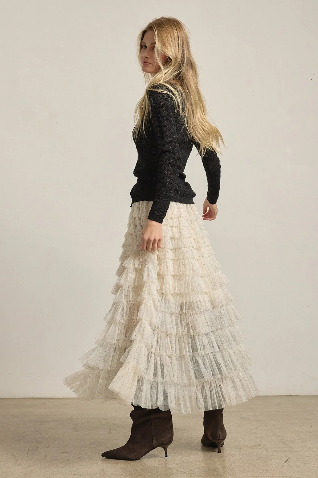 Layered Tulle Maxi Skirt Cream Polka Dot