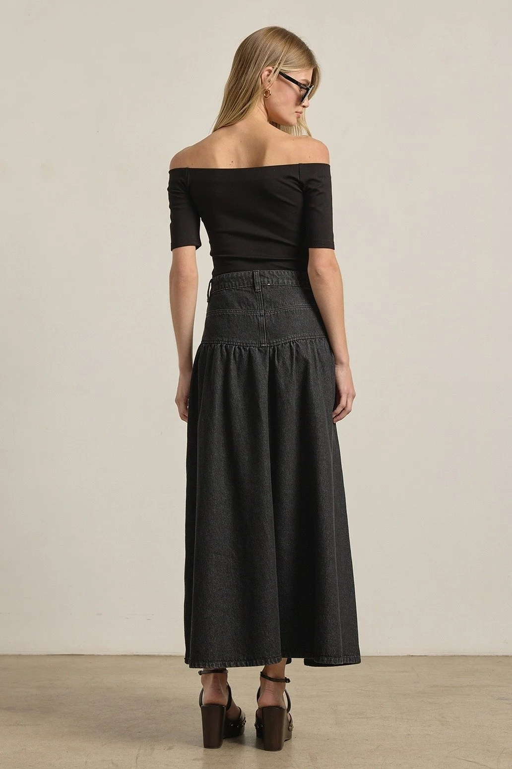 Yoked Denim Maxi Skirt Washed Black