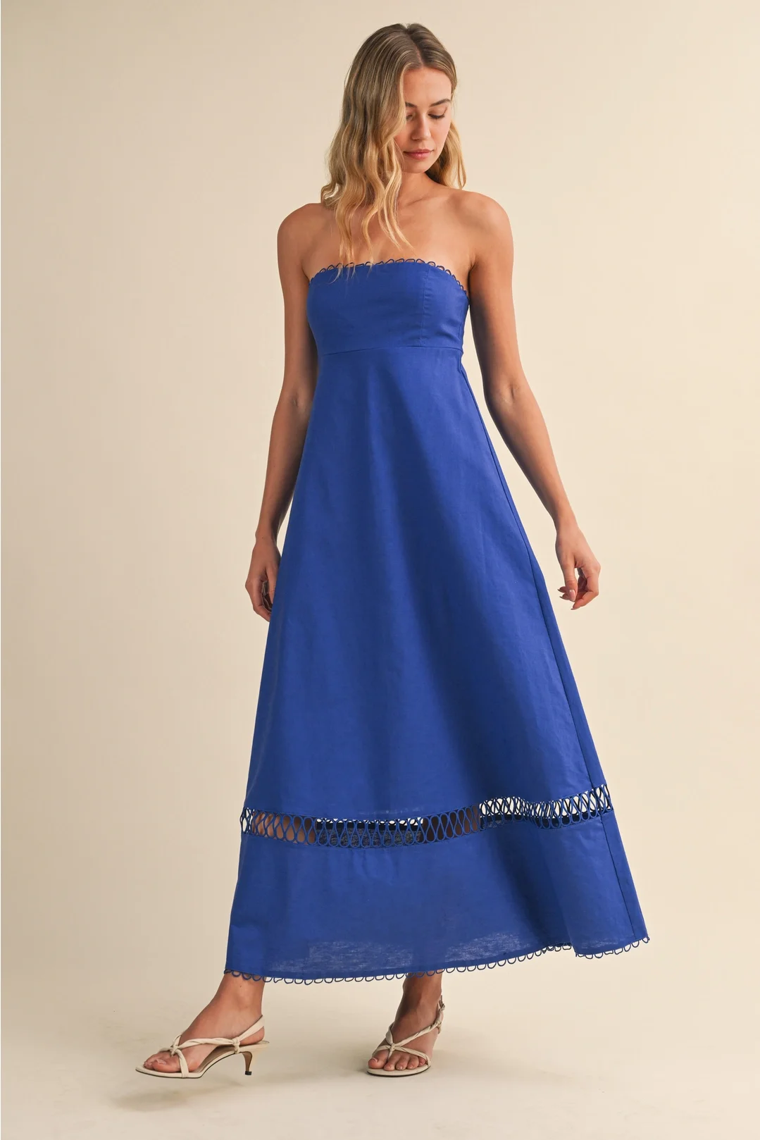 Rope Detail Strapless Linen Midi Dress Royal
