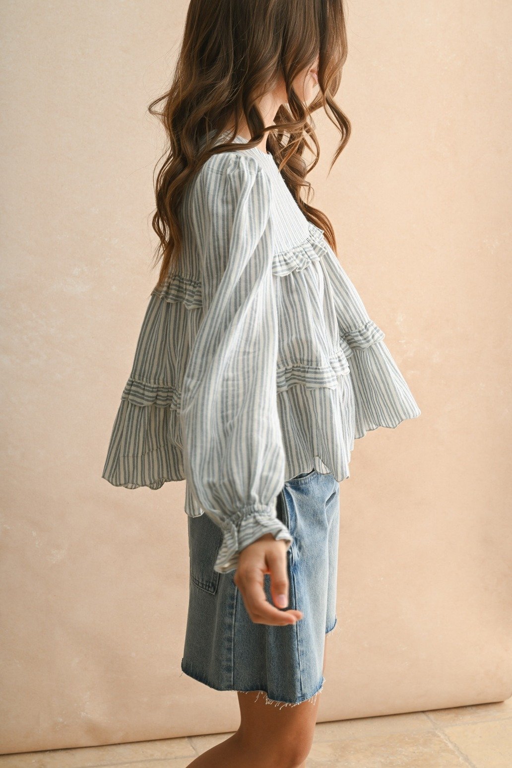 Button Back Ruffle Blouse Blue Stripe