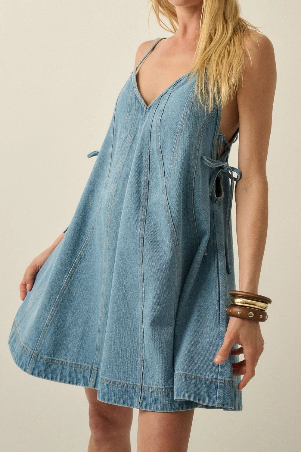 Paneled A-line Babydoll Mini Dress Denim