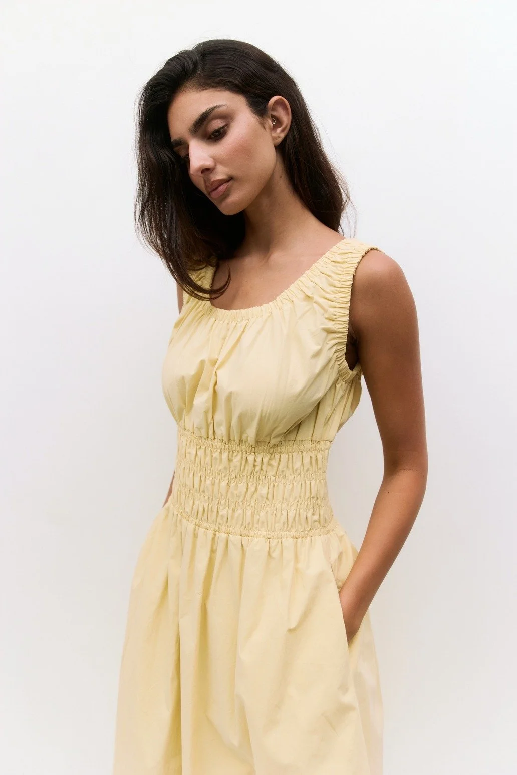 The Daniela Shirred Midi Dress Yellow