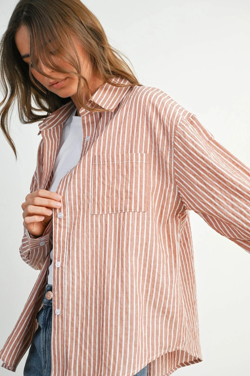 Collared Button Up Top Brick Stripe