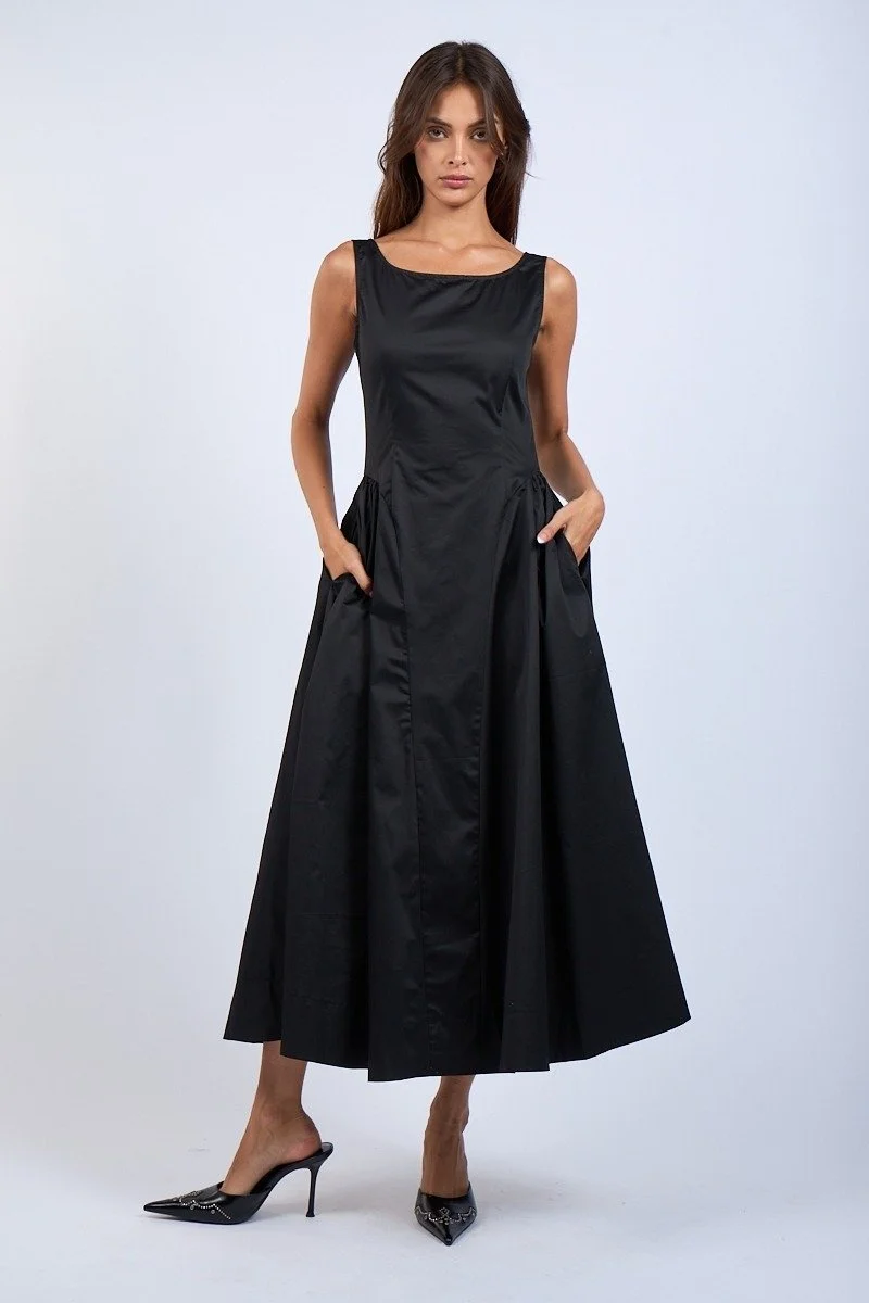 Boatneck Basque Waist Midi Dress - Black