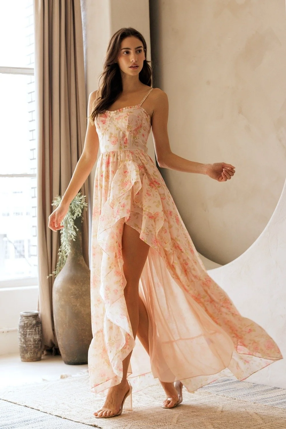 Ruffled Corset Maxi Dress Apricot Floral