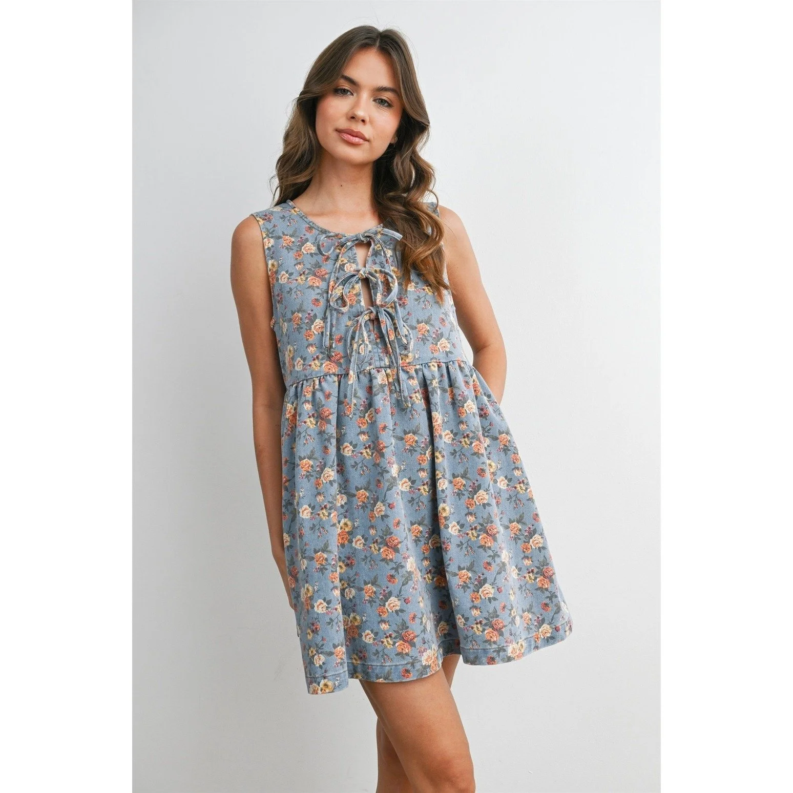 Tie-Front Babydoll Dress Denim Floral
