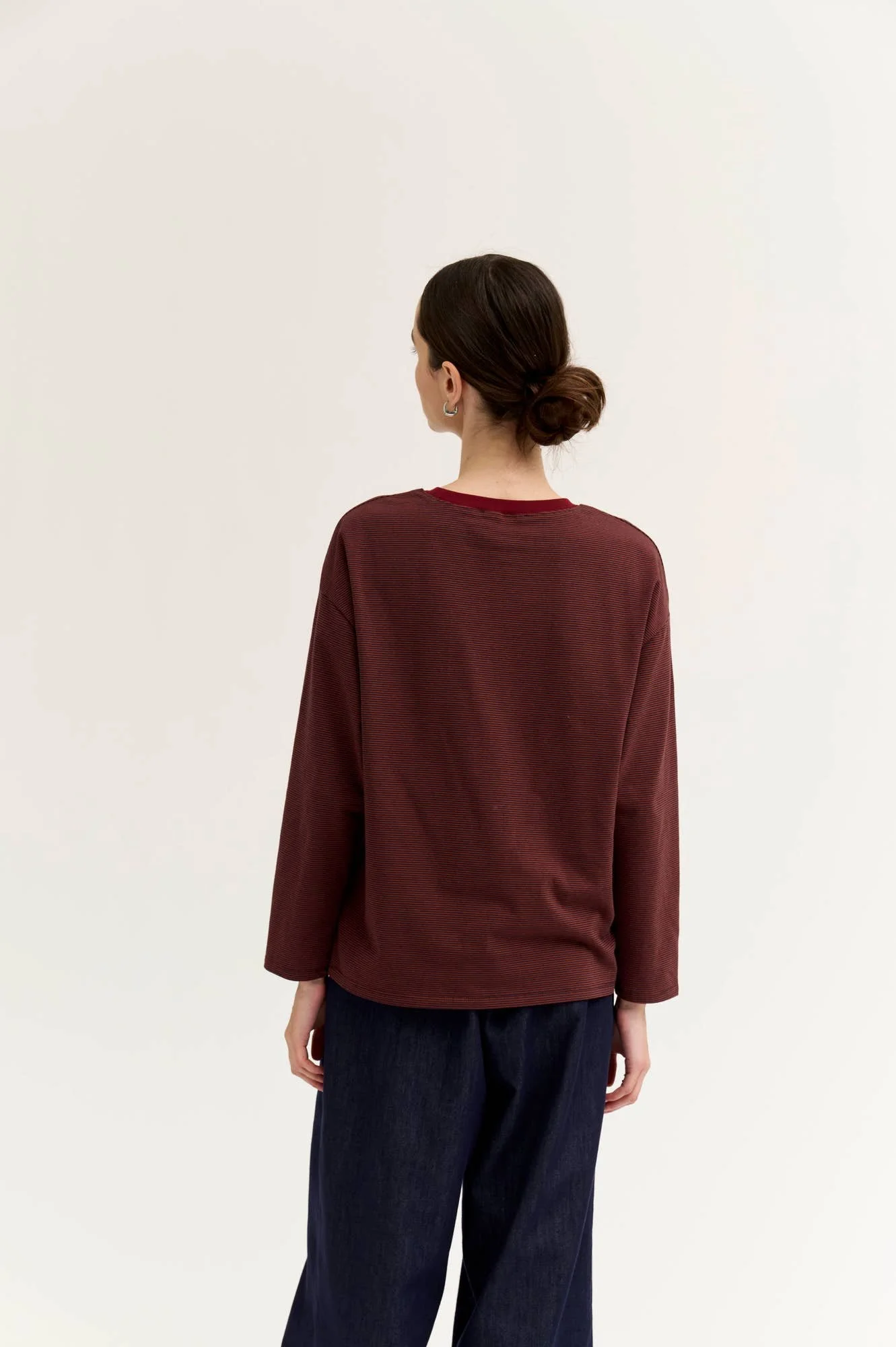 Contrast Color Ribbed Long Sleeve Tee Brick Red