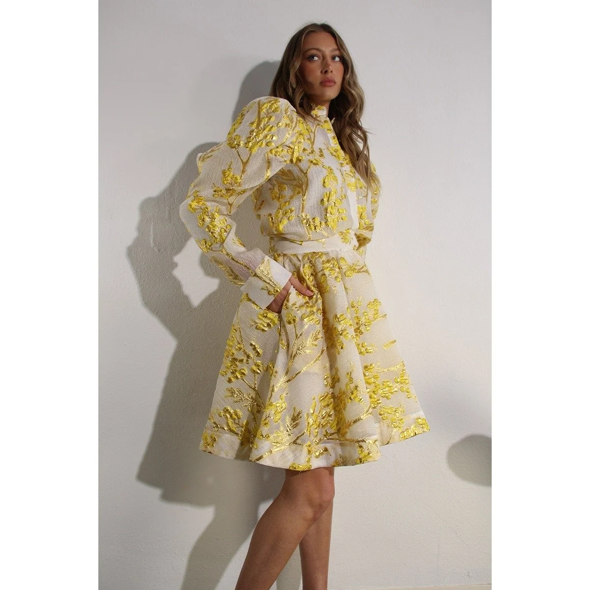 Embossed Print Puff Sleeve Blouse & Skirt Set Golden