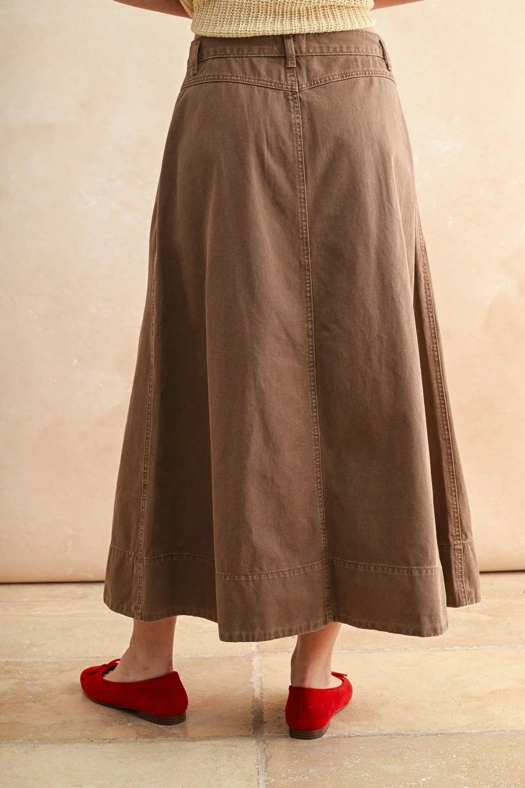 Pleat Detail Cotton Midi Skirt Mocha Mouse