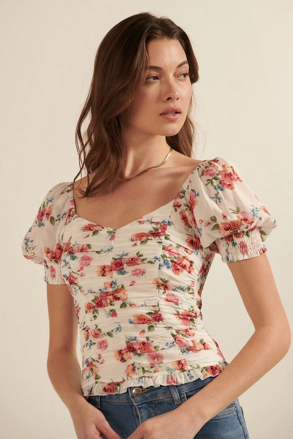 Sweetheart Ruched Blouse Cream Floral