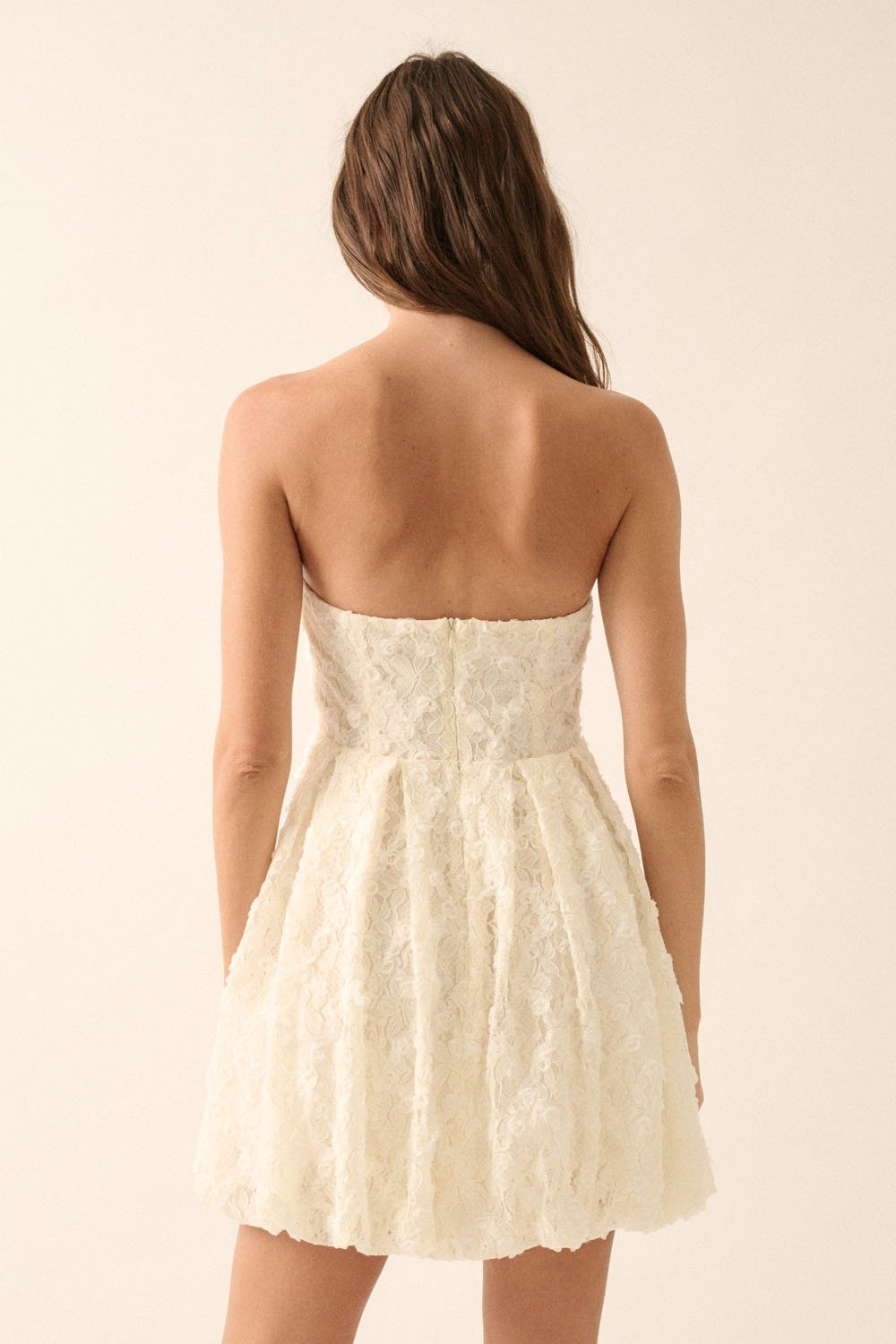 3D Floral Lace Strapless Bubble Mini Dress Cream