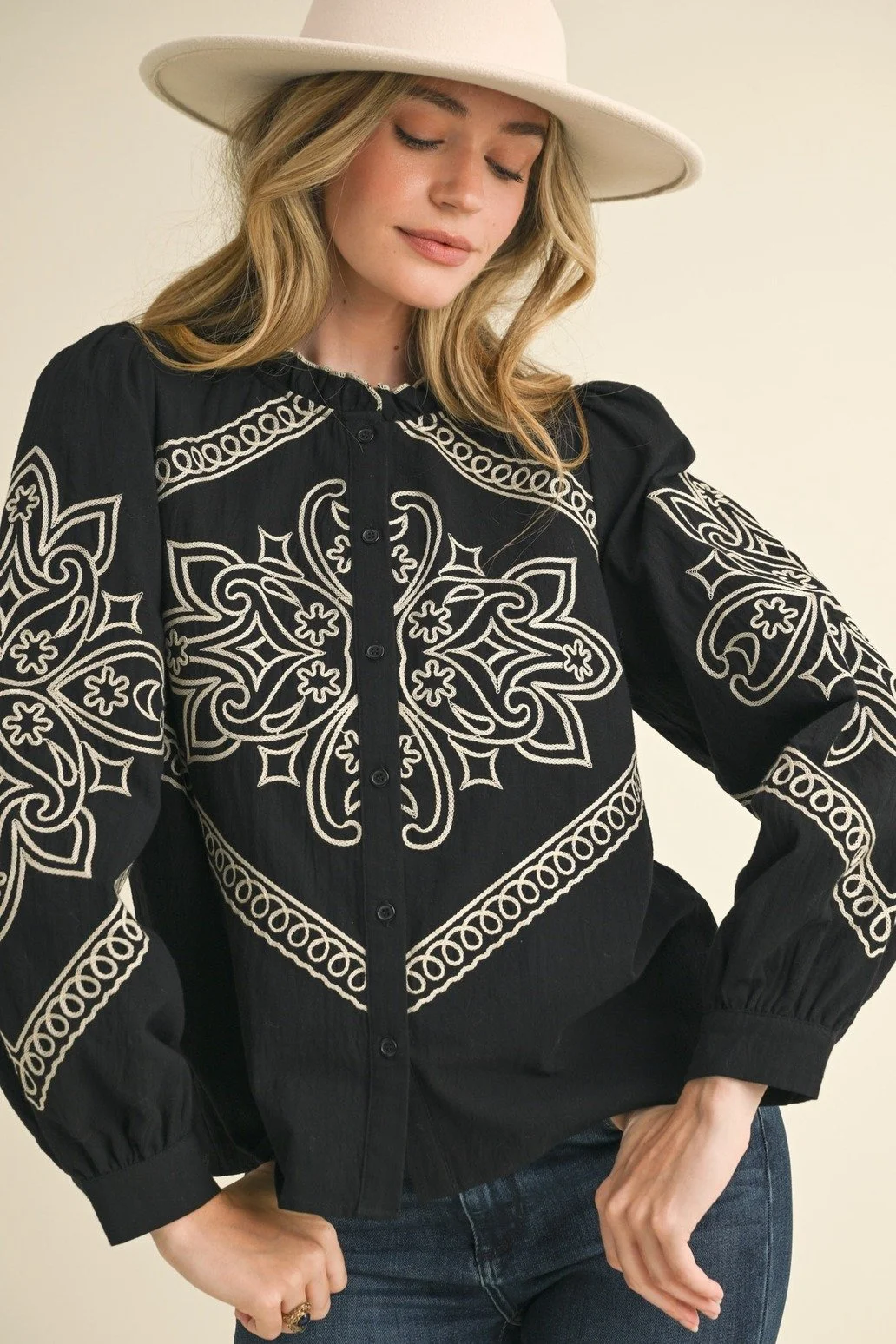 Western Embroidered Puff Sleeve Button Blouse Black