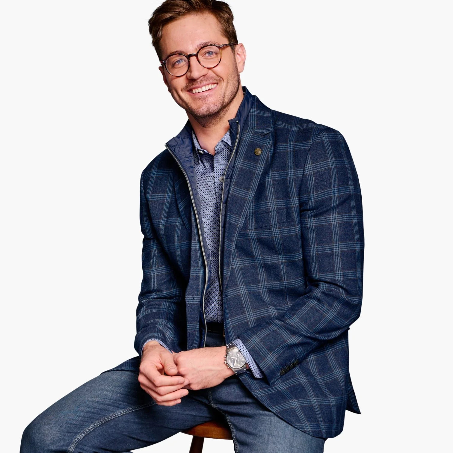 J&M Wool Bib Blazer Navy Plaid