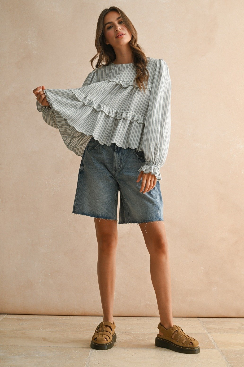 Button Back Ruffle Blouse Blue Stripe