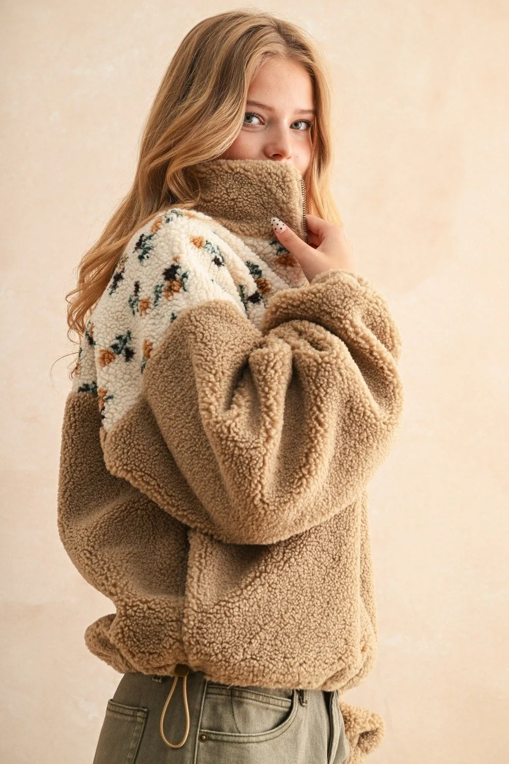 Floral Print Sherpa Half Zip Pullover Camel