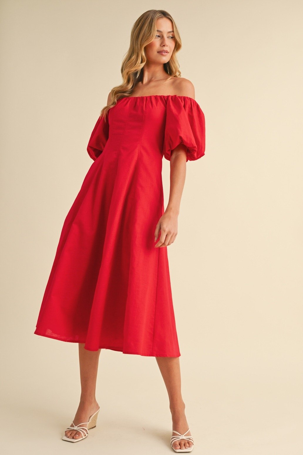 Puff Sleeve Off-Shoulder A-line Midi Dress Red