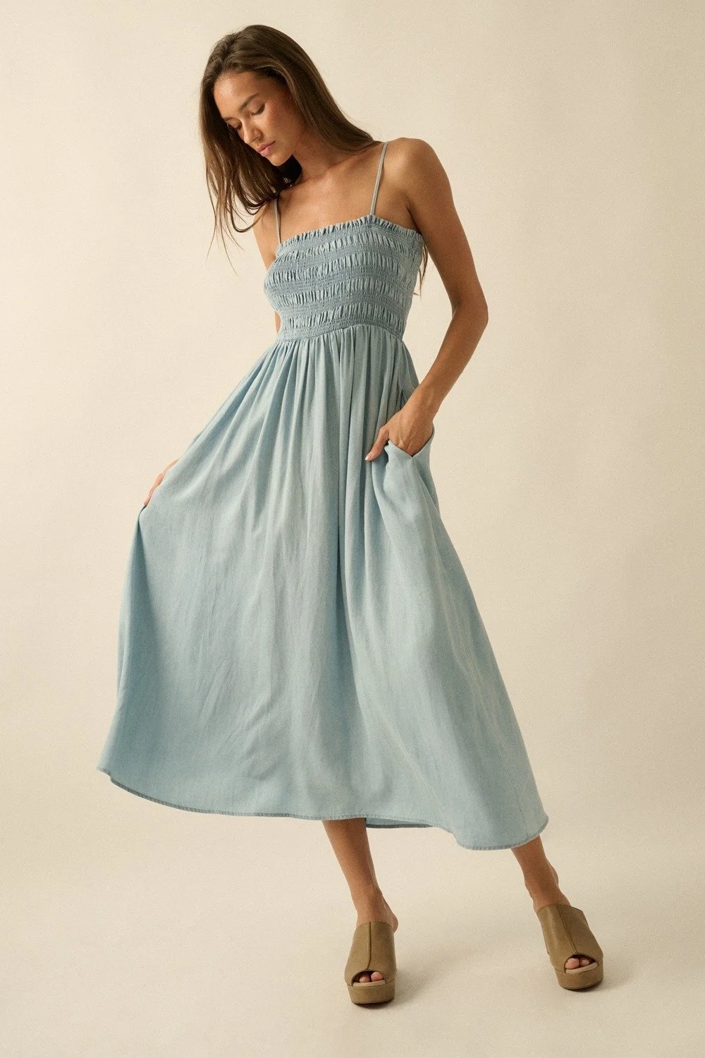 Smocked Midi Sundress Light Chambray