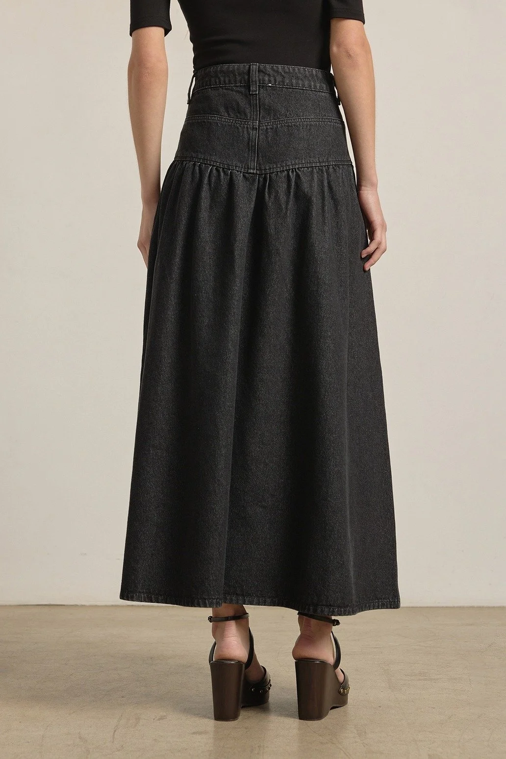 Yoked Denim Maxi Skirt Washed Black