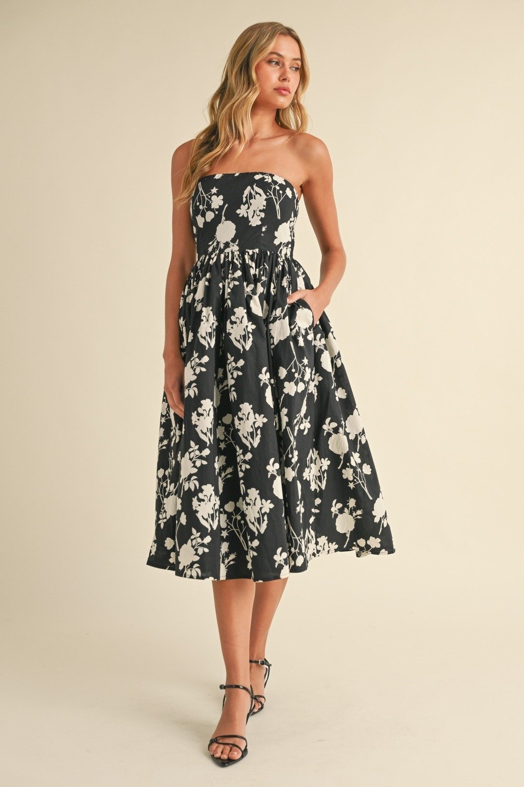 Strapless Tea Dress Black & Ivory Floral