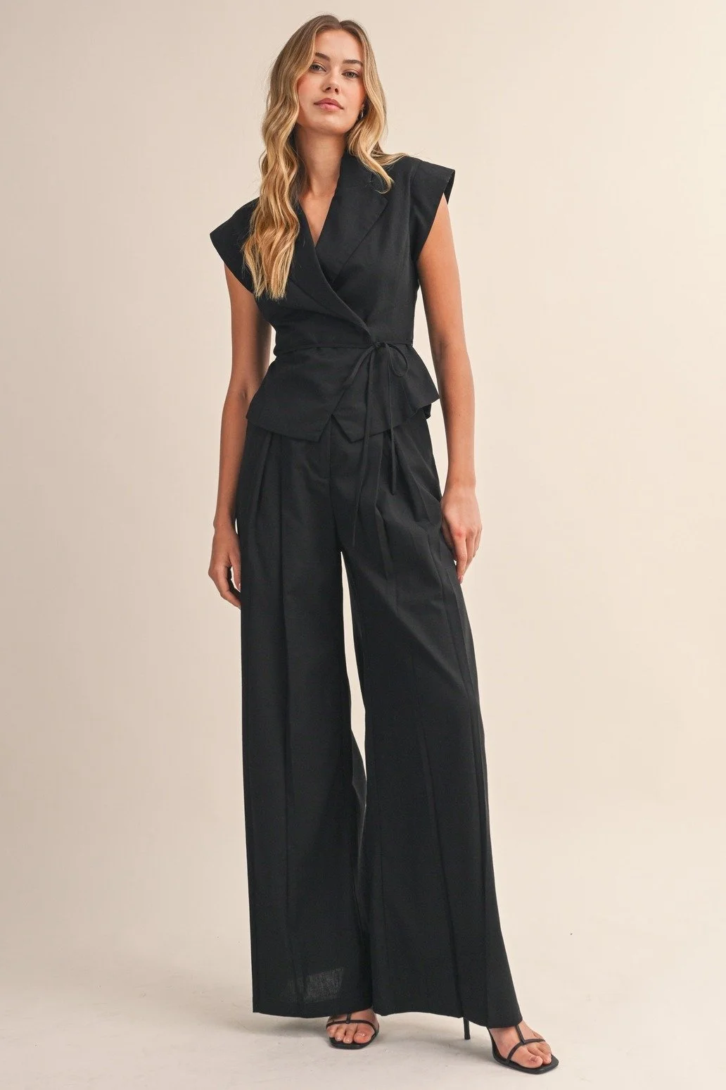 Linen Wrap Top & Pleated Trouser Set Black