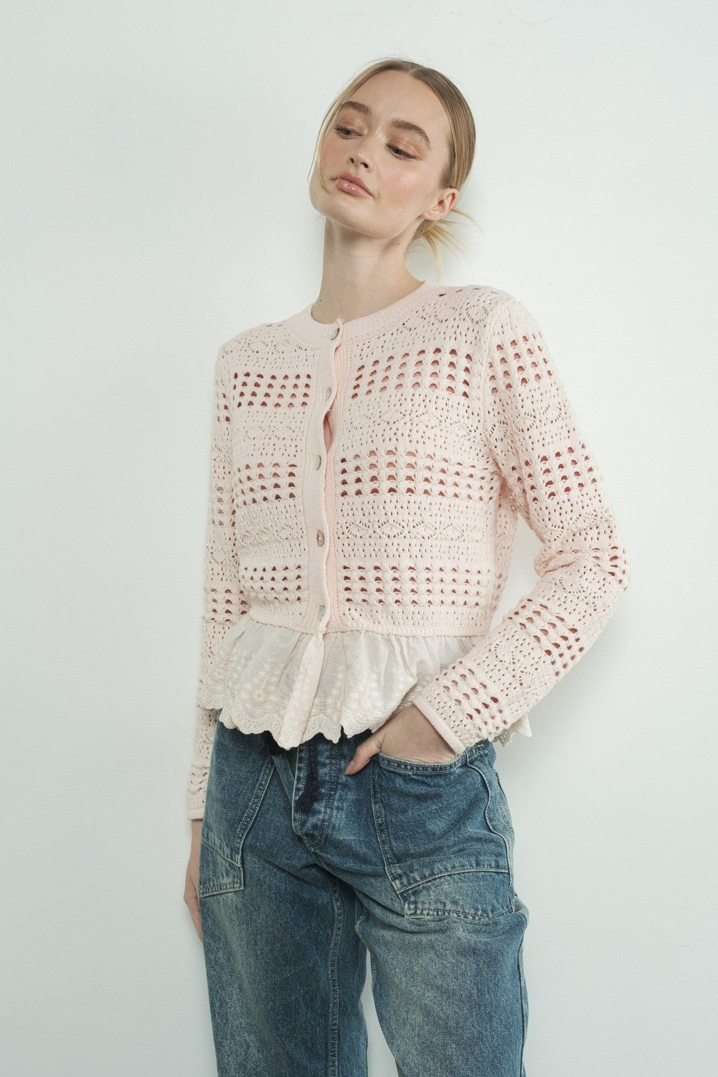 Lace Ruffle Pointelle Knit Cardigan Cream