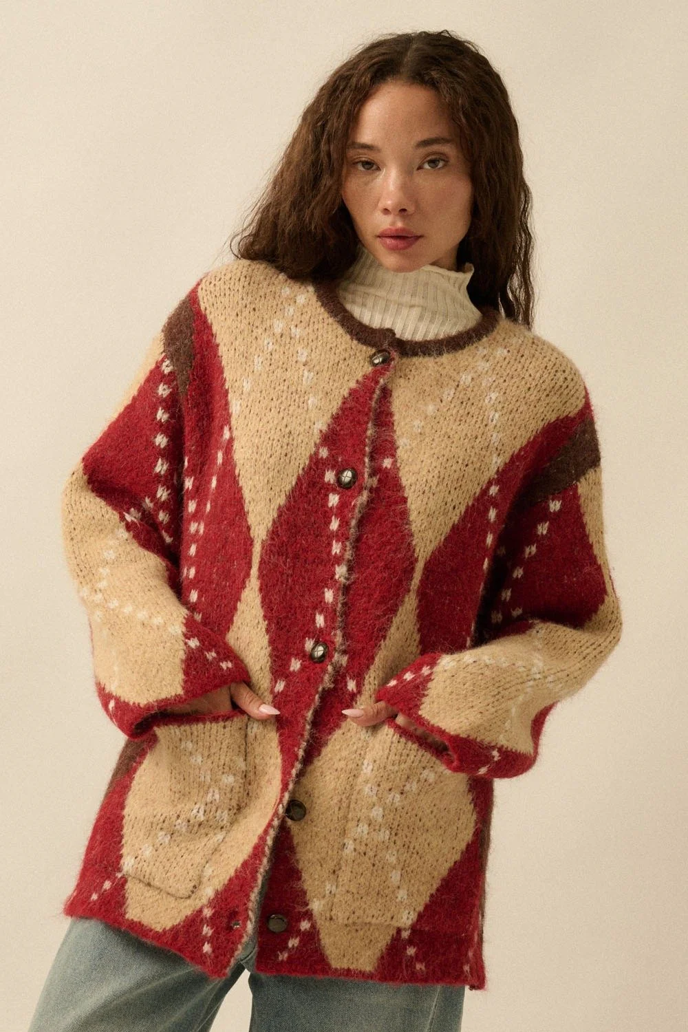 Argyle Button Up Cardigan Burgundy